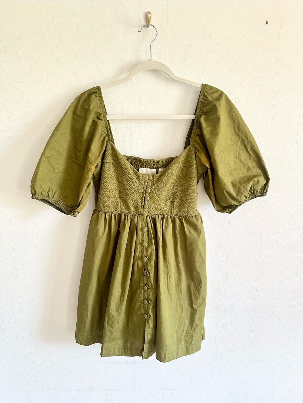 Anthropologie Maeve Olive Green Puff Sleeve Babydoll Mini Dress XS - Picture 2 of 6